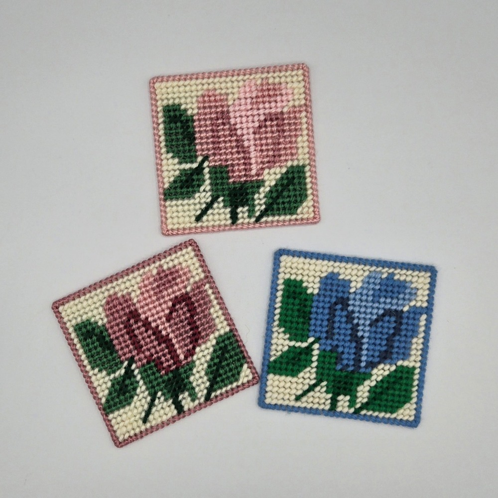 Vintage Handmade Needlepoint Coasters Floral Rose Blue Pink Lot of 3‎ Embroidery
